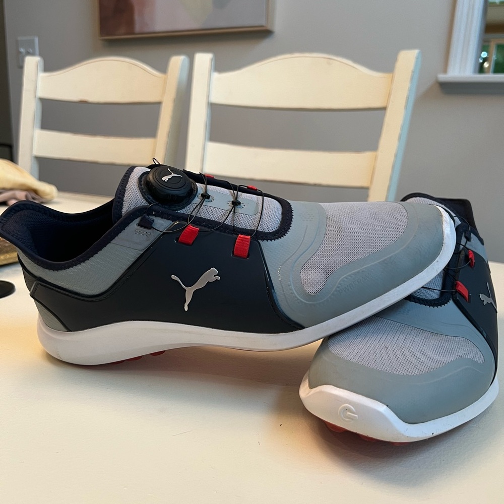 Puma Gray/blue and deep Navy Golf with red accents Golf Shoes- No Tie Technology